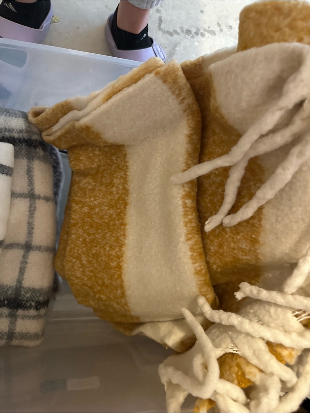 Cozy Mustard and Cream Striped Fringe Scarf